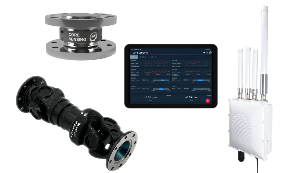 coreFLANGE Drehmoment-Messflansch, coreSHAFT Gelenkwelle, coreVIEWER App auf dem Tablet und coreGATE Fusion Gateway