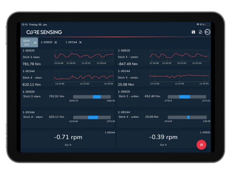 coreVIEWER Live-Dashboard mit Drehmomentdaten auf einem Tablet